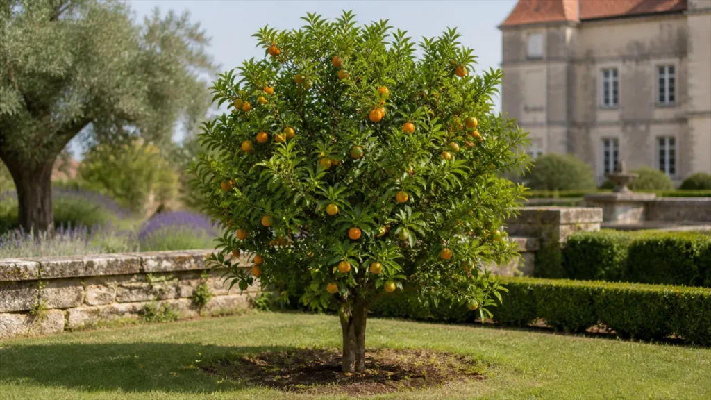 Whole Oroval clementine tree planted in open ground, with about six slightly flattened fruits of varied colour