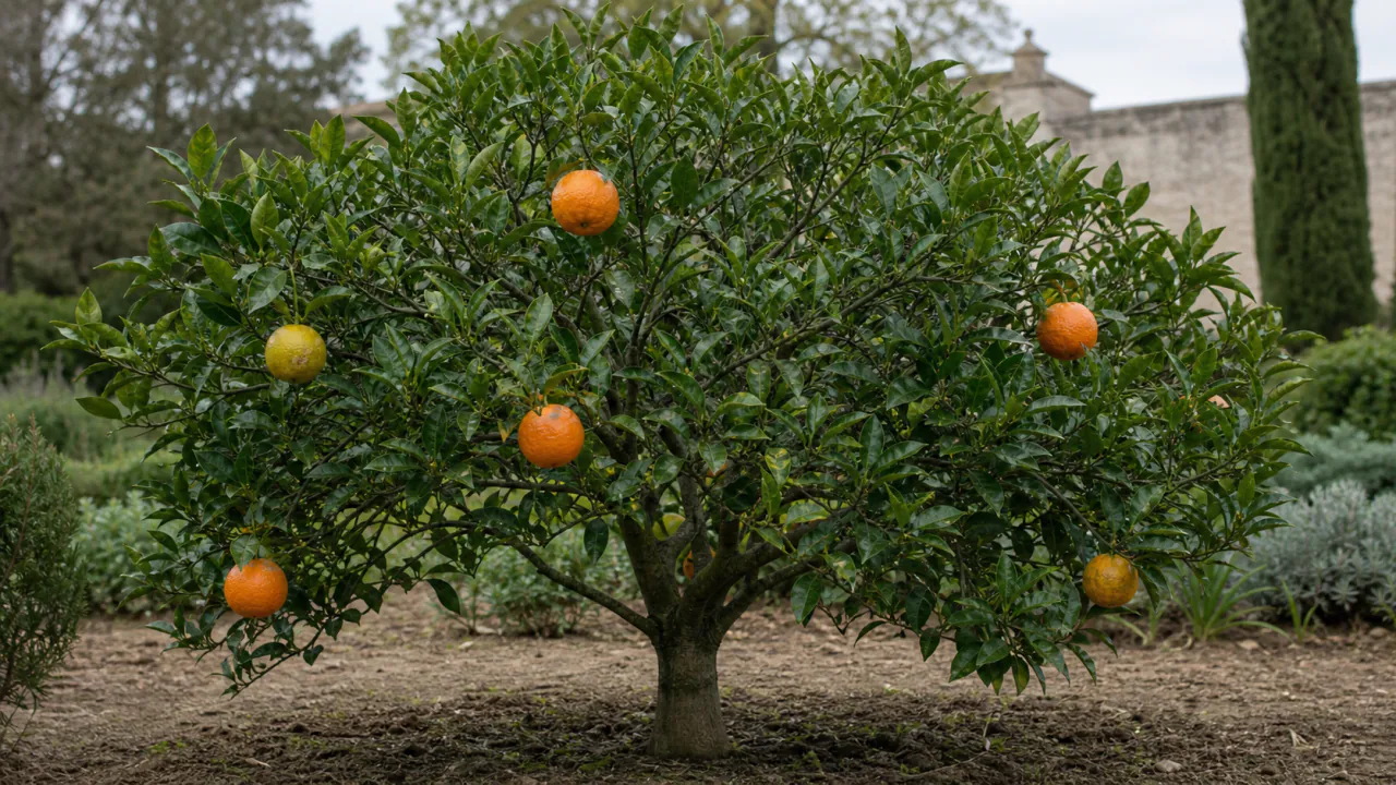 Clémentinier Oroval entier planté en pleine terre, avec environ six fruits légèrement aplatis aux colorations variées