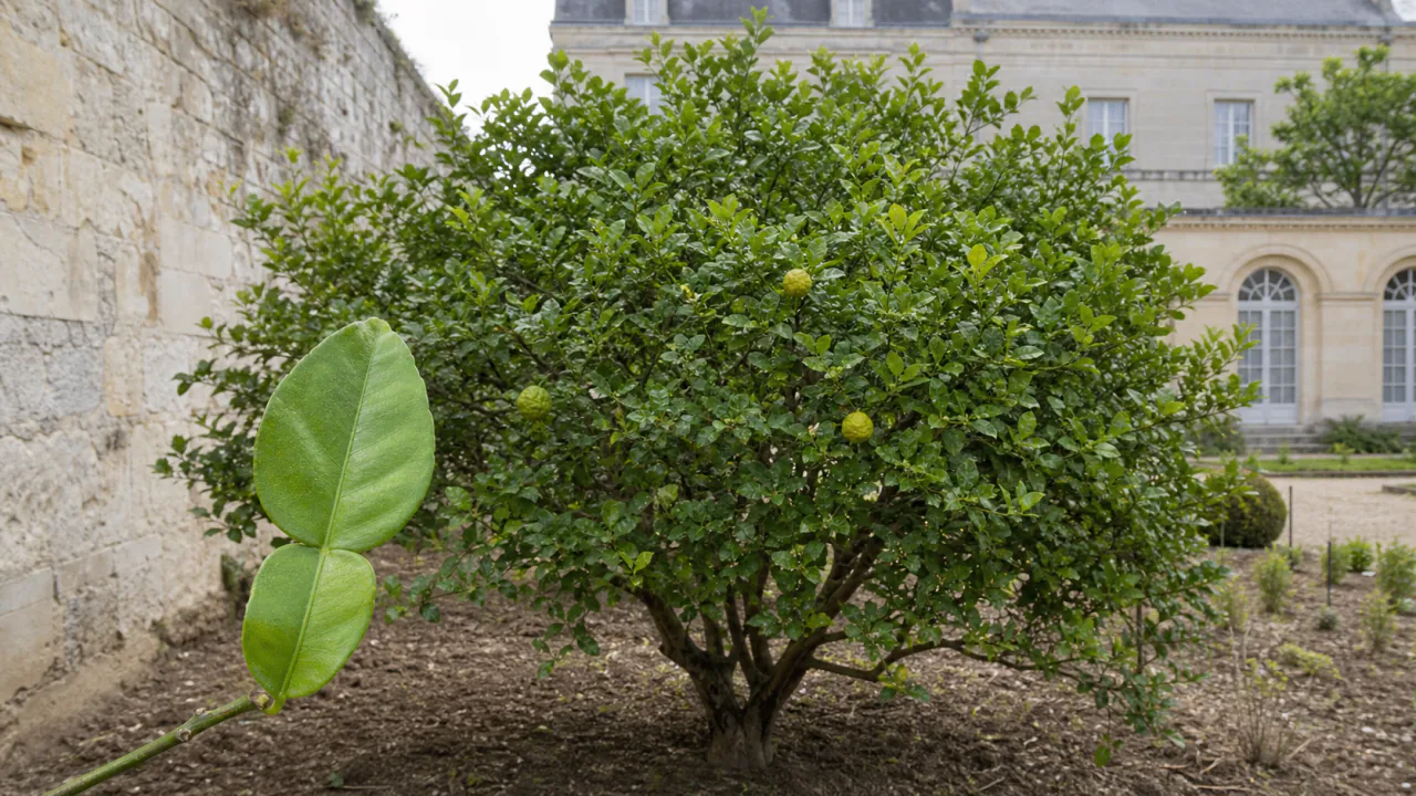 Makrut lime planted in open ground by the estate, with double leaves and knobbly green fruit