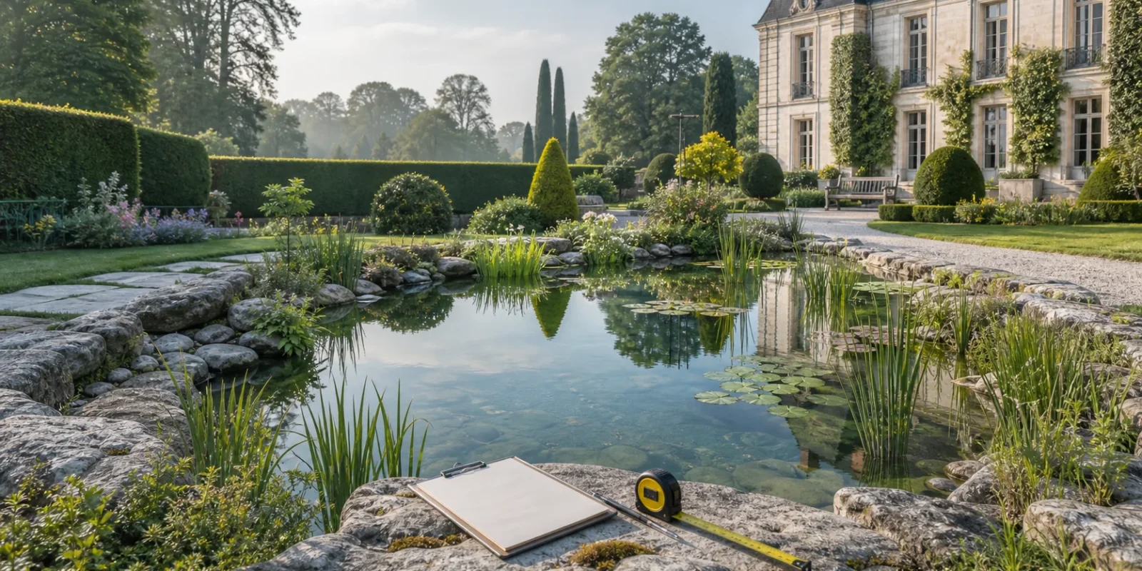 Bassin de jardin paysager avec eau claire, pierres naturelles et plantations aquatiques dans un domaine