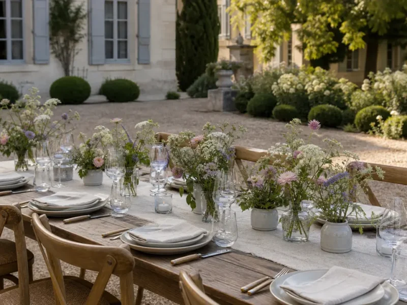 Table de mariage champêtre dressée dans un jardin avec de petits vases de fleurs de saison