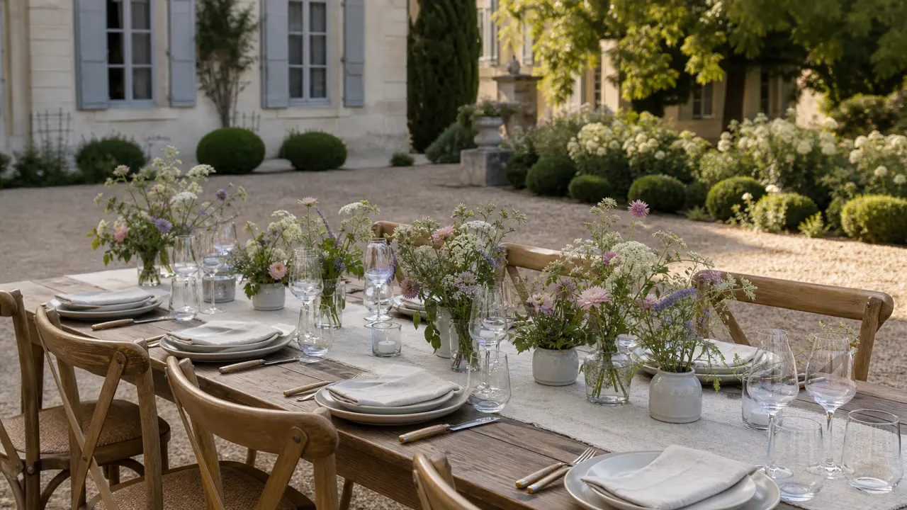 Long wooden wedding table laid in a gravel courtyard with a linen runner and low vases of seasonal garden flowers