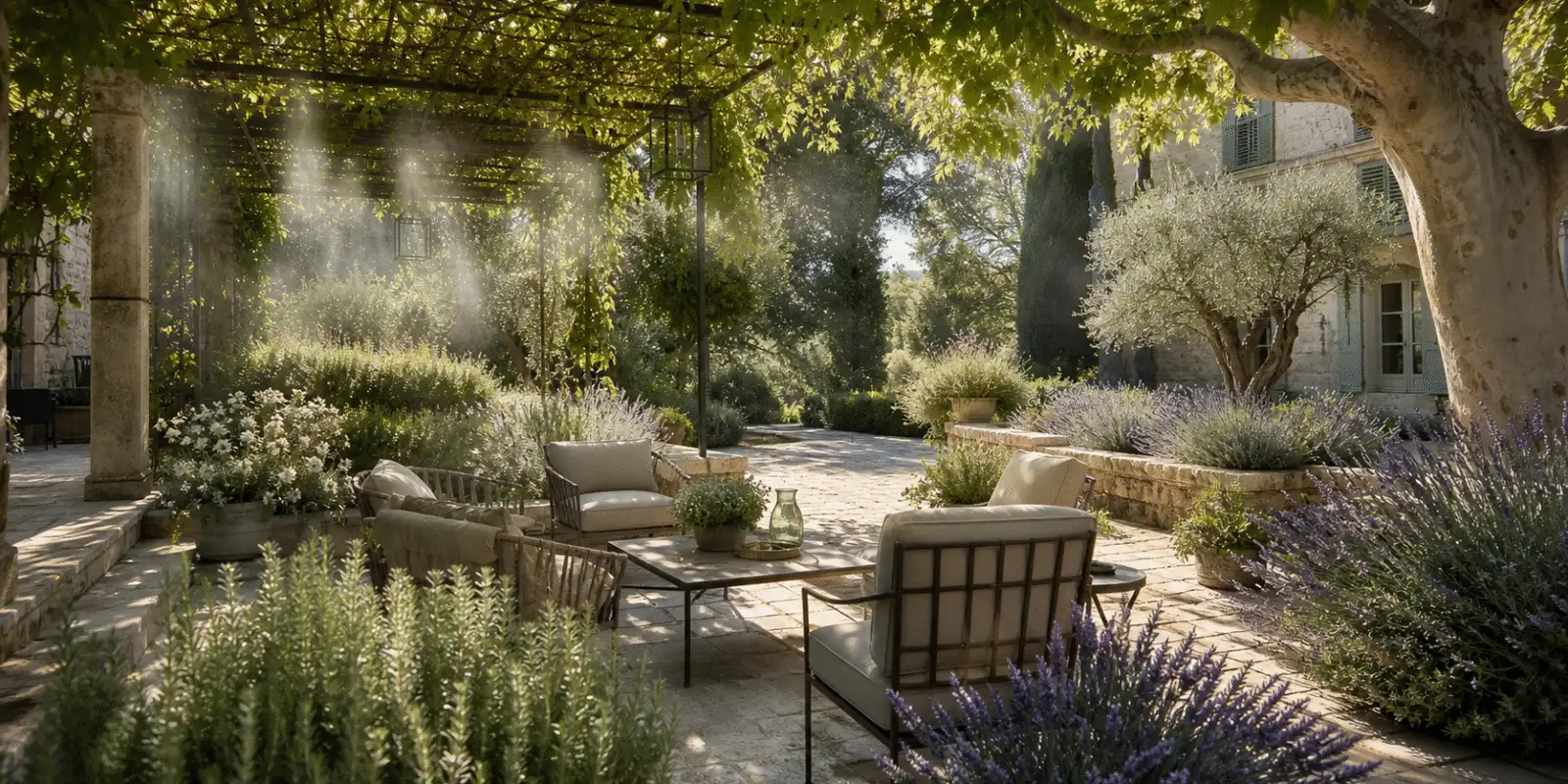 Terrasse de château rafraîchie par brumisation avec lavande et romarin pour limiter le bruit des cigales