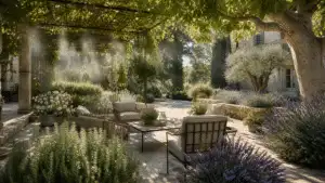 Elegant outdoor garden design with terrace, structure and planting