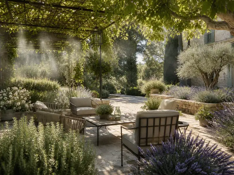 Terrasse de château rafraîchie par brumisation avec lavande et romarin pour limiter le bruit des cigales