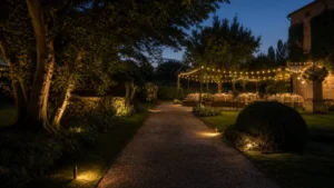 Elegant outdoor garden design with terrace, structure and planting