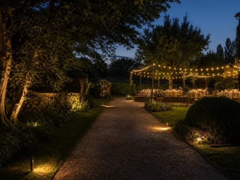 Guirlandes à lumière chaude suspendues au-dessus de tables de mariage et bornes basses guidant une allée de jardin à la tombée du soir