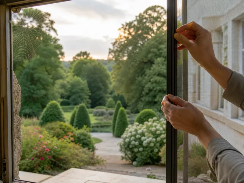 Fenêtre ancienne d’une maison de domaine munie d’une moustiquaire et de joints discrets pour limiter l’entrée des araignées