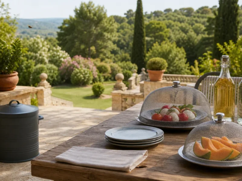 Guêpe observée à distance sur une table de jardin propre avec aliments couverts