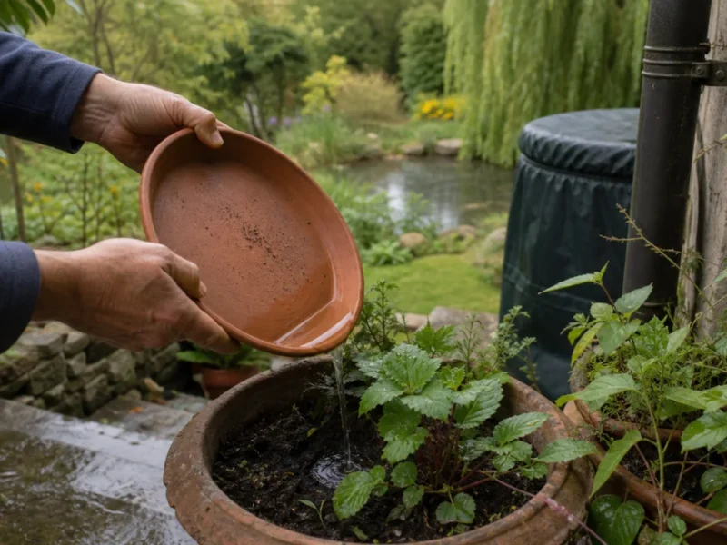 Inspection d'une coupelle vide et d'un récupérateur d'eau couvert dans un jardin entretenu contre les moustiques