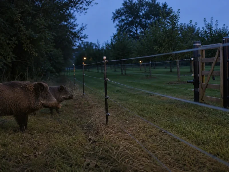 Clôture électrique agricole visible et entretenue protégeant un verger de domaine à la lisière d’un bois