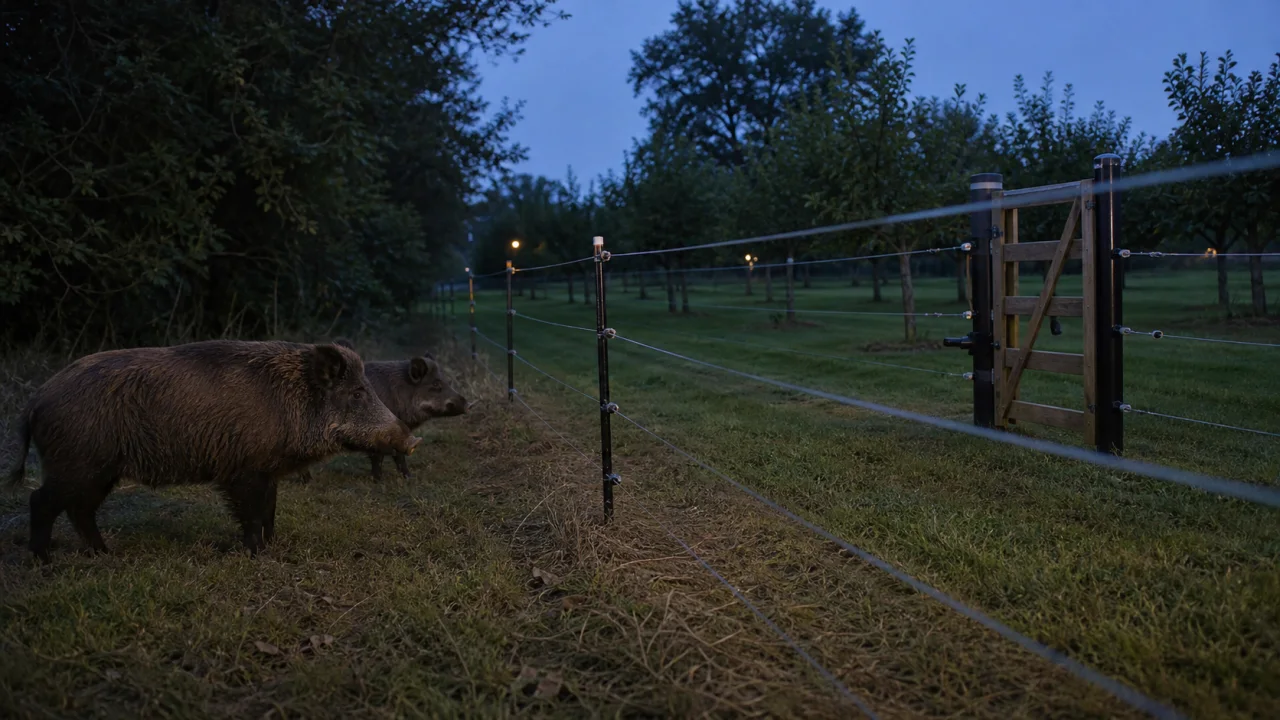 Clôture électrique agricole visible et entretenue protégeant un verger de domaine à la lisière d’un bois