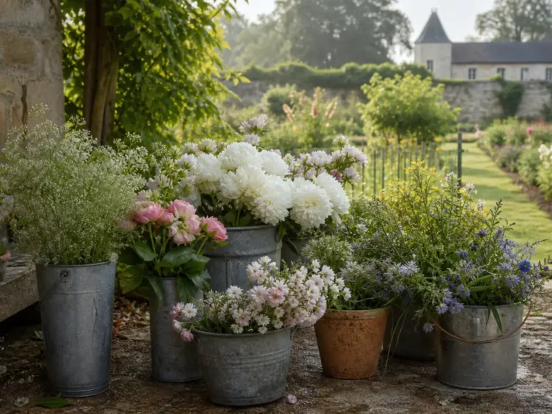 Seaux de fleurs de mariage de différentes formes disposés dans un jardin au soleil