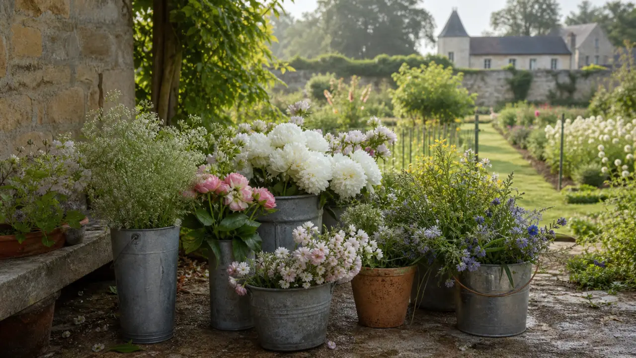 Cubos de flores de boda de distintas formas dispuestos en un jardín soleado