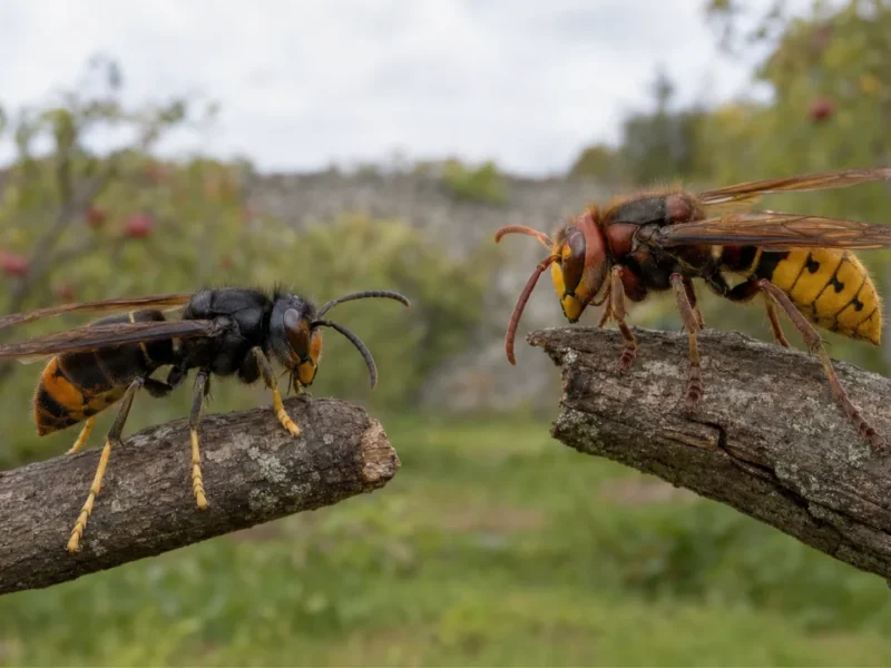 Frelon à pattes jaunes sombre et frelon européen jaune et roux observés séparément dans un jardin de domaine