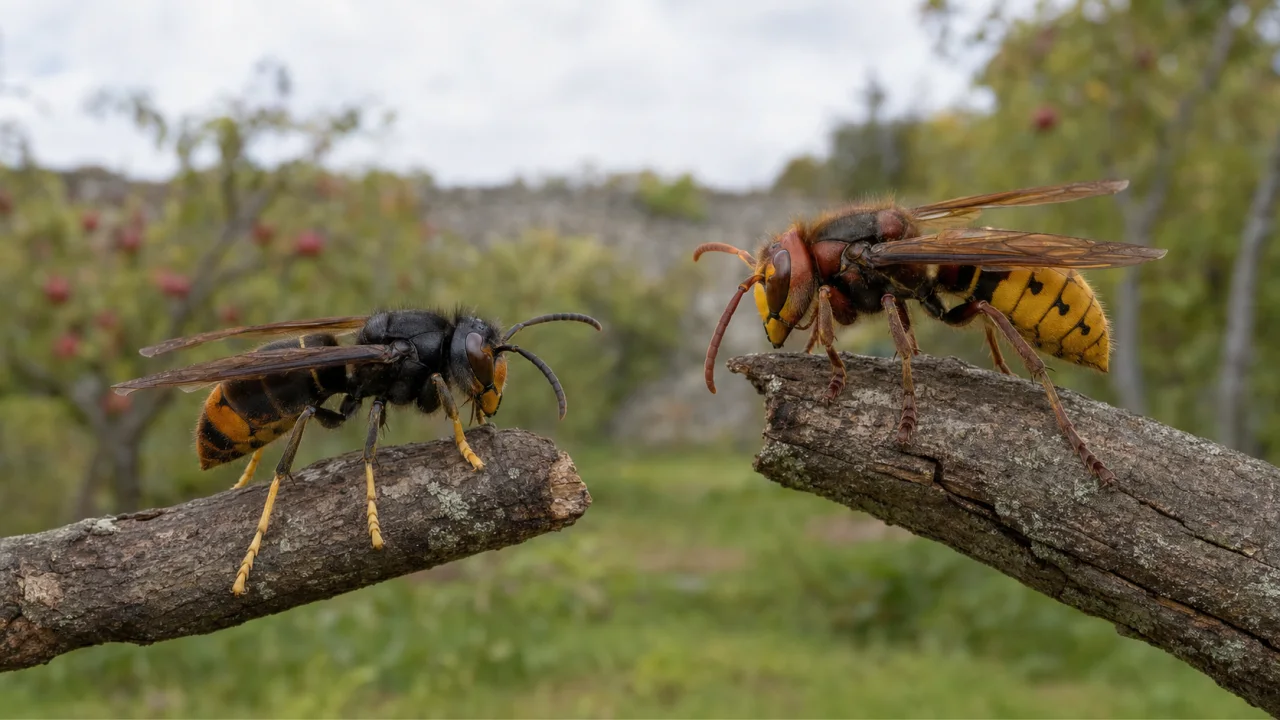 Dark yellow-legged hornet and yellow-brown European hornet shown separately in a country garden