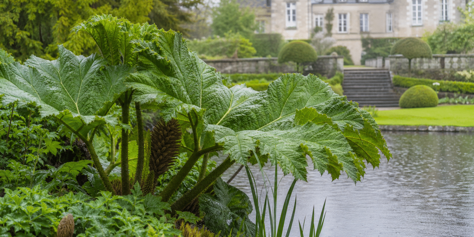 Riesige Blätter von Gunnera manicata am schattigen Teichrand