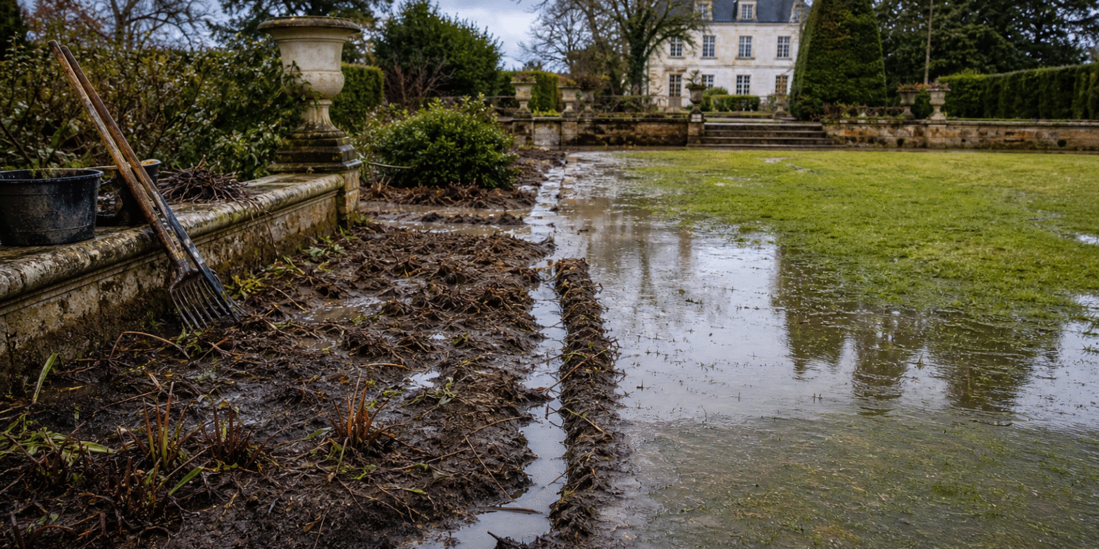 Jardin inondé après retrait de l'eau avec massifs boueux et rigoles de drainage