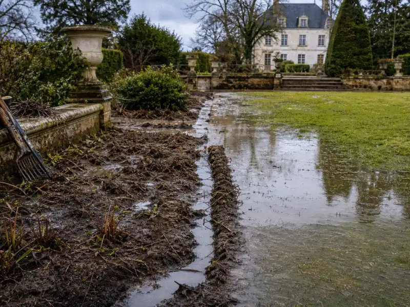 Jardin de château détrempé après une inondation, avec pelouse sous l’eau et massif boueux
