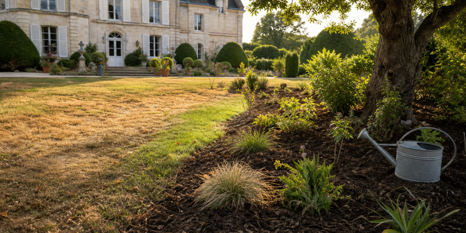 Jardin de château en reprise après forte chaleur avec paillage et jeunes pousses