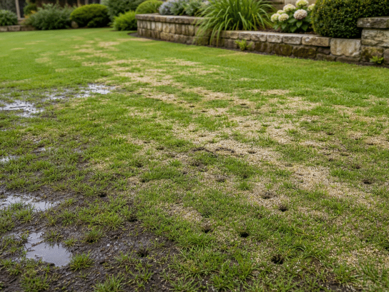 Illustration de jardin de caractere pour Gazon qui a pris l&rsquo;eau : sauver une pelouse détrempée sans l&rsquo;achever