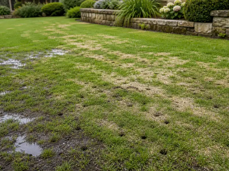 Pelouse gorgée d’eau en cours d’aération et de sablage après de fortes pluies