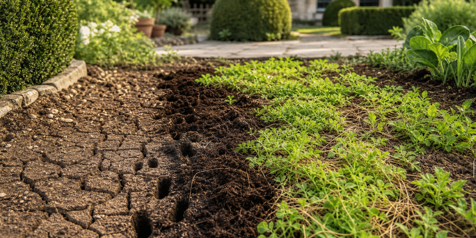 Compacted garden soil restored with compost, aeration and living mulch