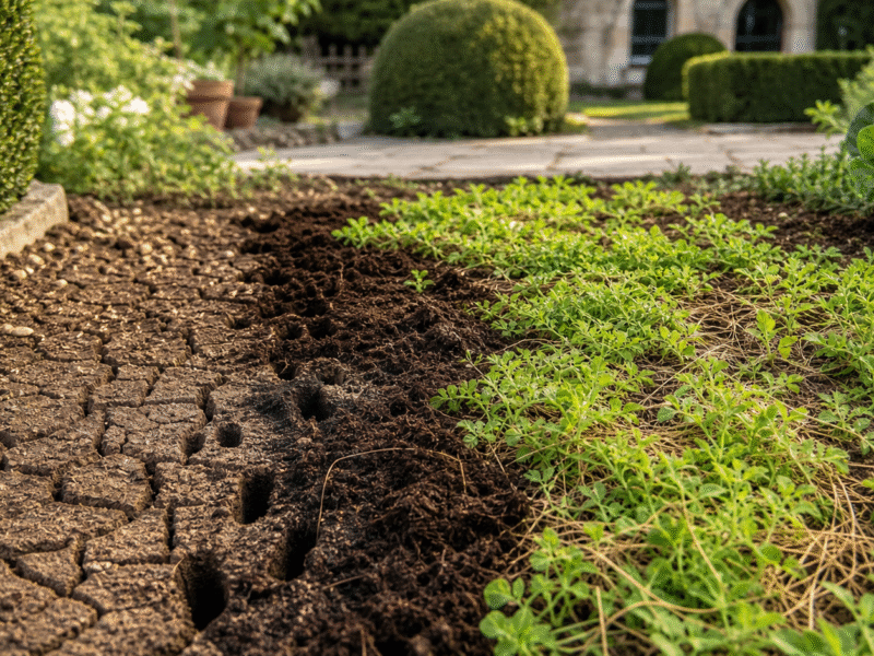 Illustration de jardin de caractere pour Sol compacté après pluie et chaleur : restaurer une terre qui ne respire plus