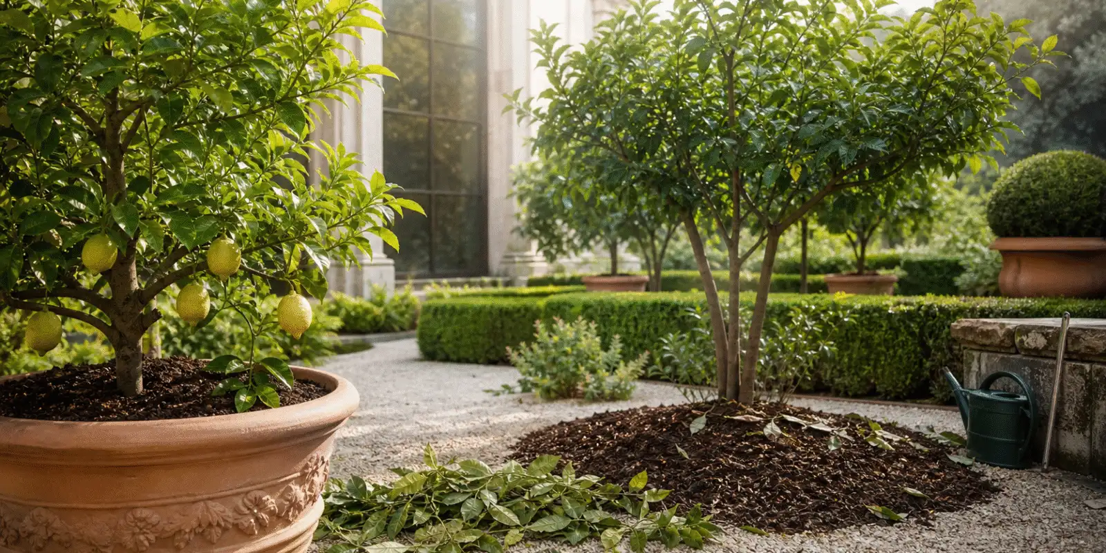 Citronniers et agrumes paillés et arrosés après un stress climatique dans un jardin de domaine