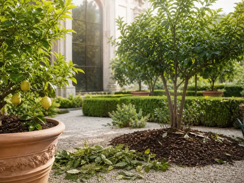 Citronniers et agrumes paillés et arrosés après un stress climatique dans un jardin de domaine