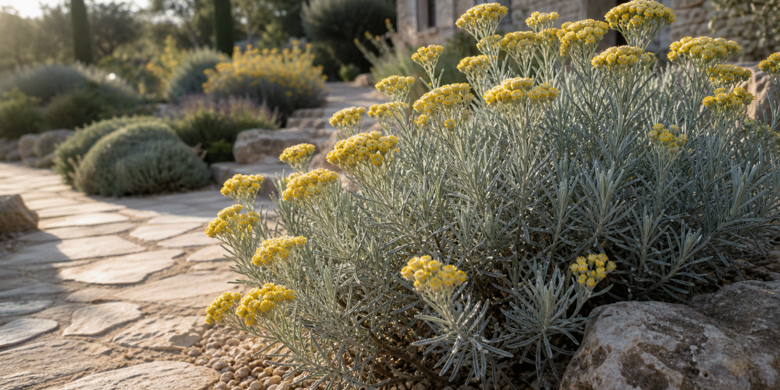 Helichrysum italicum mit gelben Blüten in einem Macchia-Beet