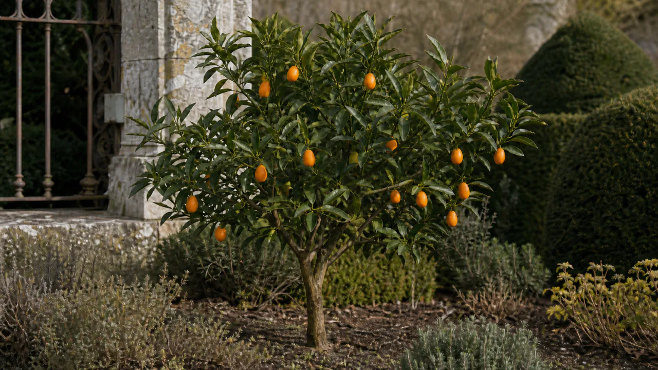Pom întreg și matur de kumquat Nagami plantat direct în sol într-o grădină de patrimoniu, cu coroană naturală și o încărcătură moderată de fructe mici, ovale și portocalii.