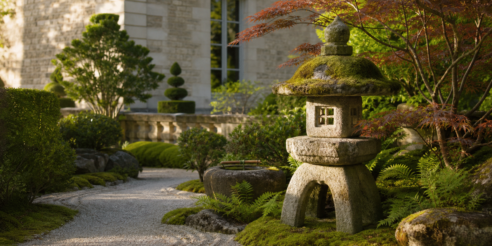 Granite Japanese lantern beside a pond in an elegant garden