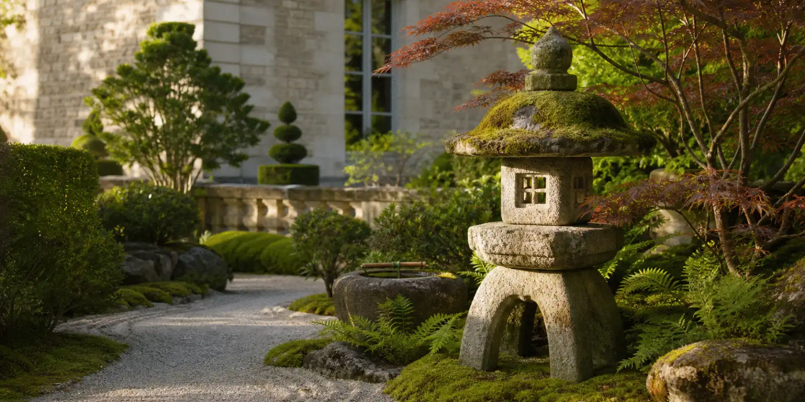 Lanterne japonaise en granit posée près d’un bassin dans un jardin raffiné