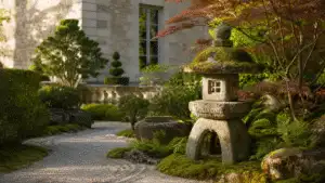 Elegant outdoor garden design with terrace, structure and planting