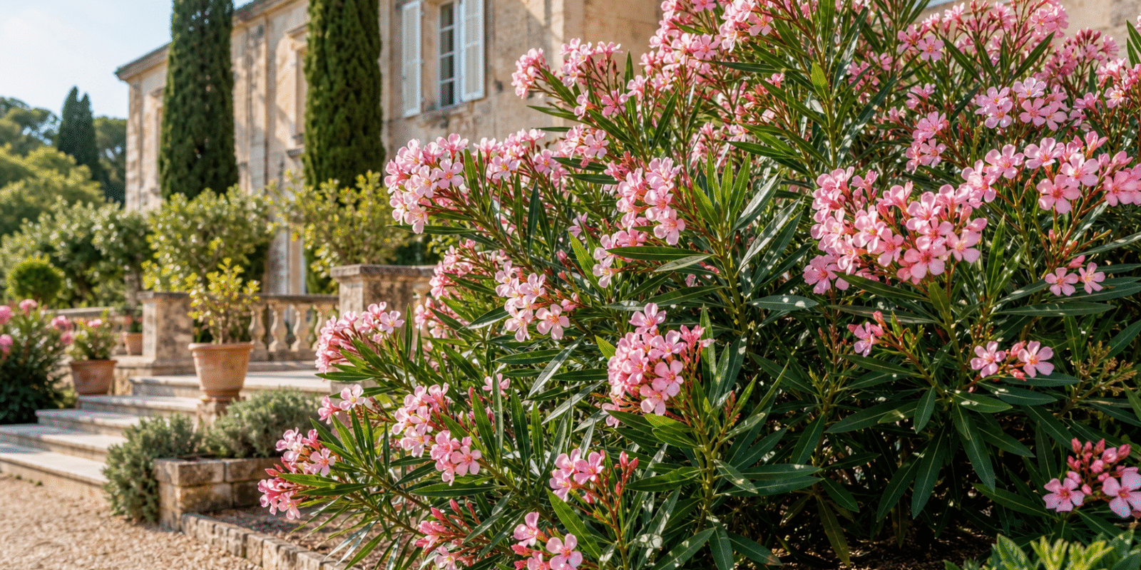 Laurier rose fleuri dans une allee de jardin mediterraneen