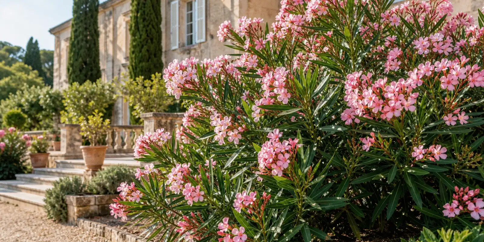 Laurier rose fleuri dans une allee de jardin mediterraneen