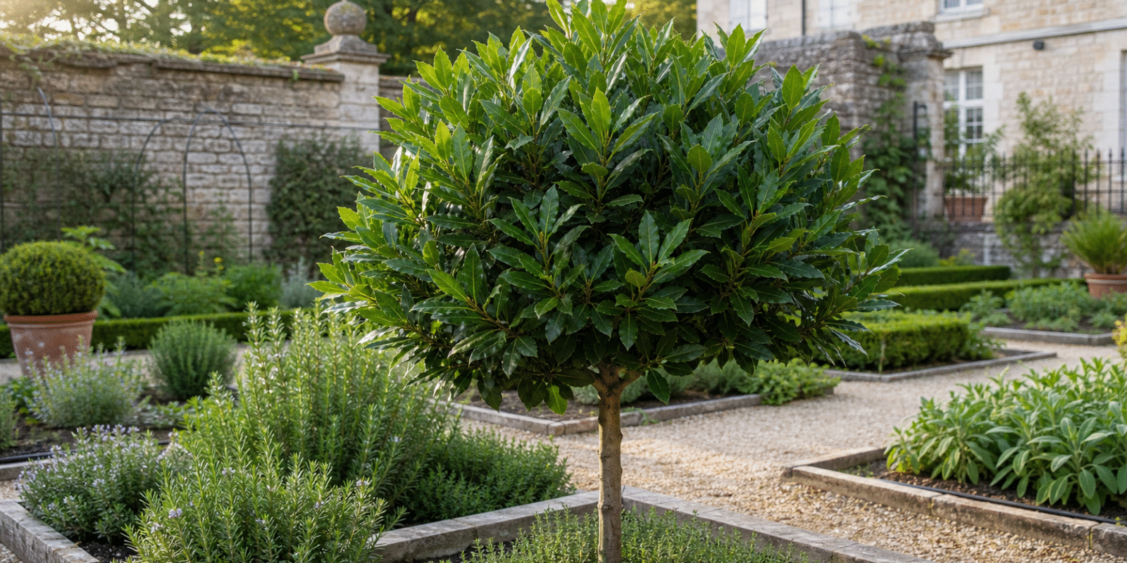 Echter Lorbeer als kleiner Baum neben einer Terrasse