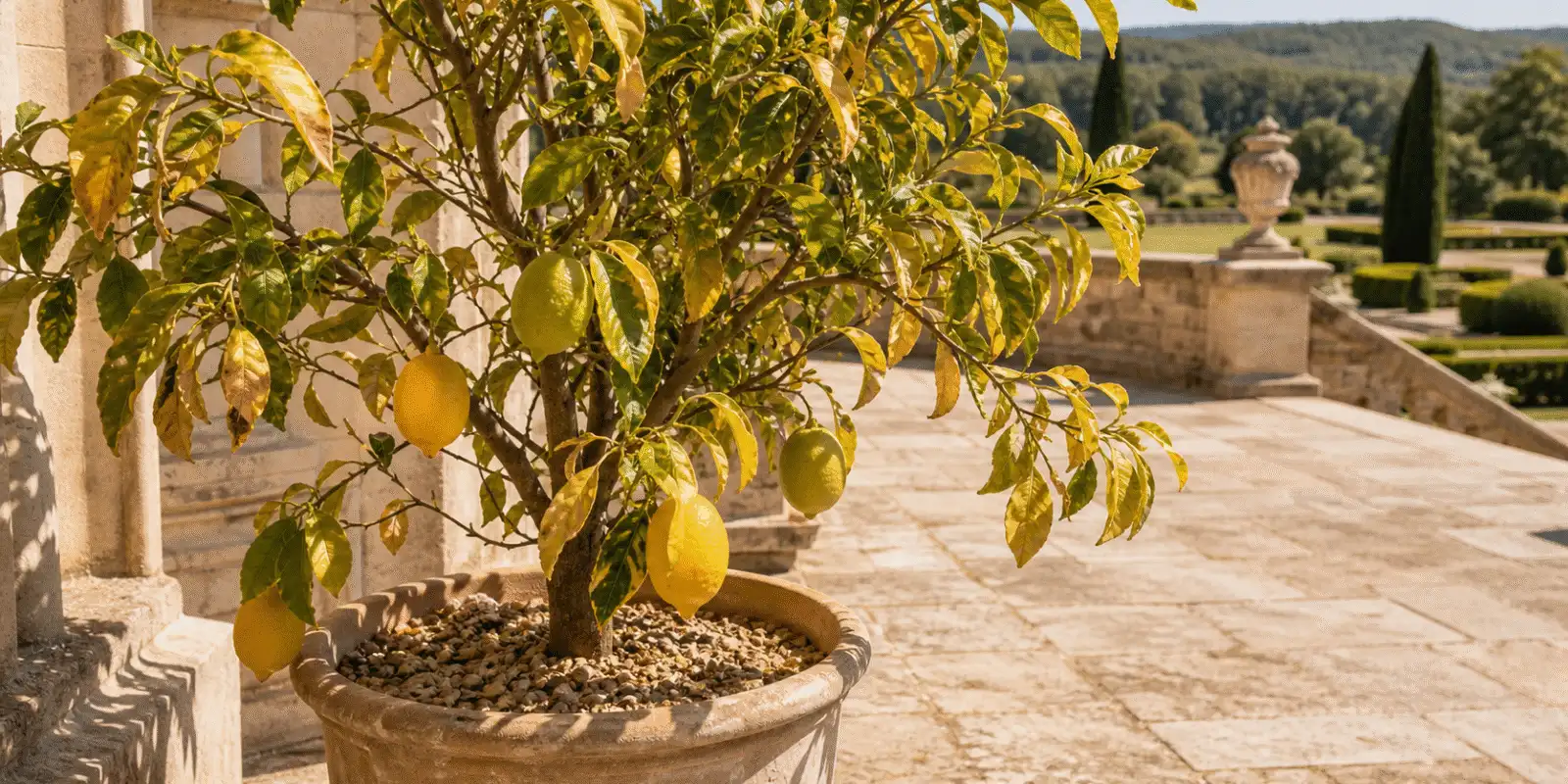 Citronnier en pot, feuilles jaunissantes et paillage de surface en pleine chaleur