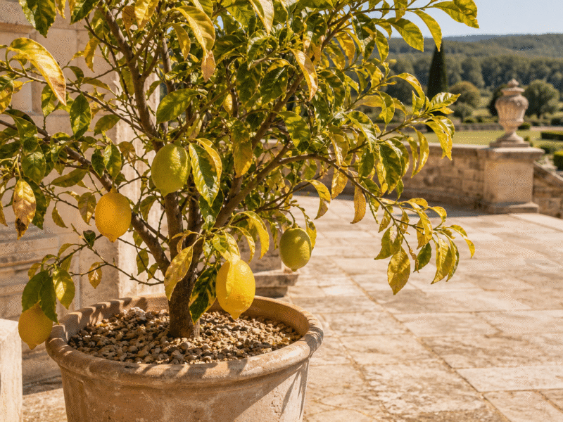 Illustration de jardin de caractere pour Agrumes en pot et forte chaleur : reconnaître et soulager le stress