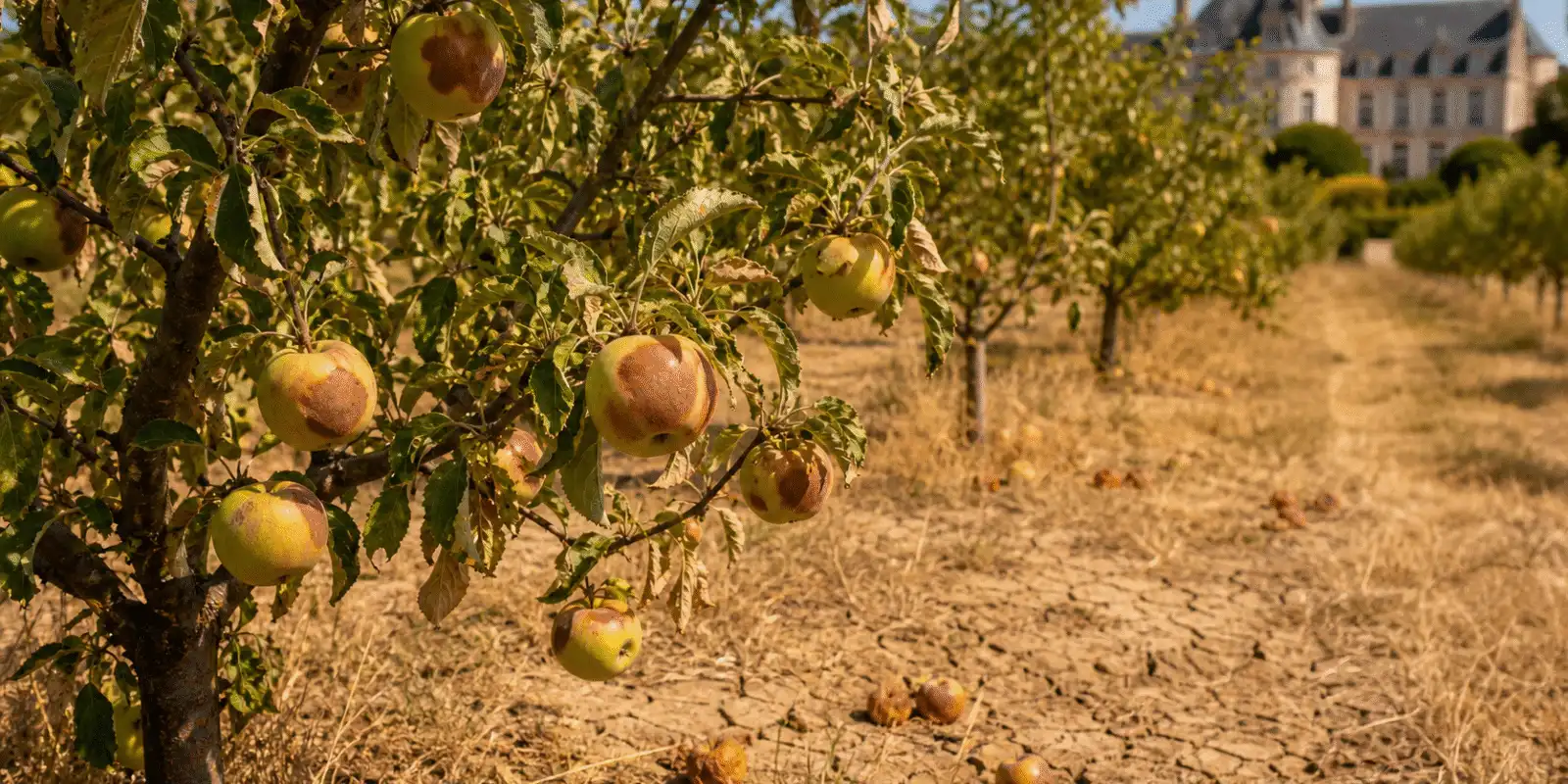 Pommier en canicule : fruits brules et chute sur sol craquele