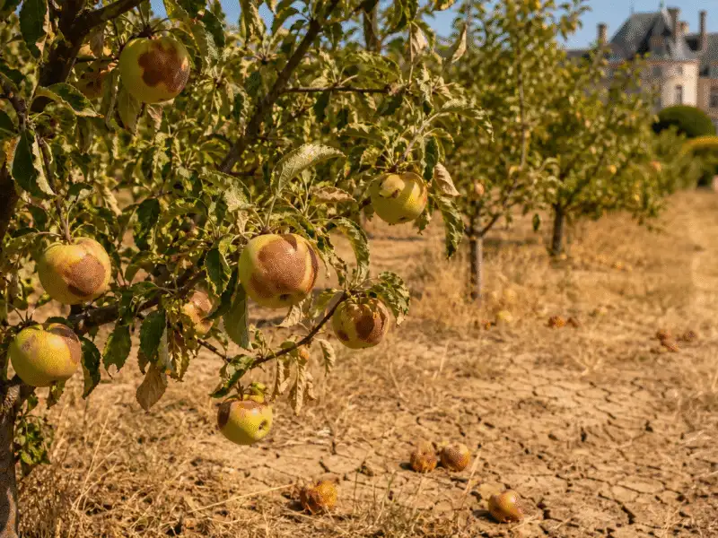 Pommier en canicule : fruits brules et chute sur sol craquele