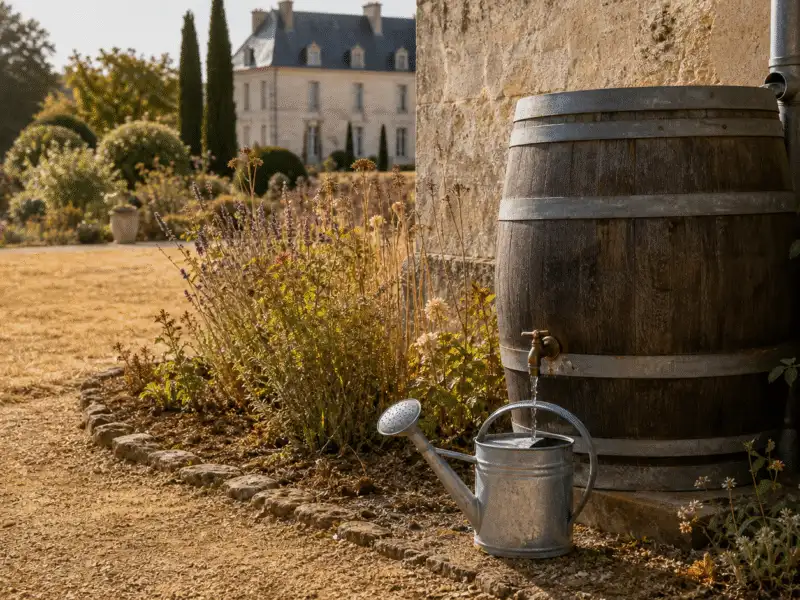 Arrosage d'un massif a l'eau de pluie pendant un arrete secheresse
