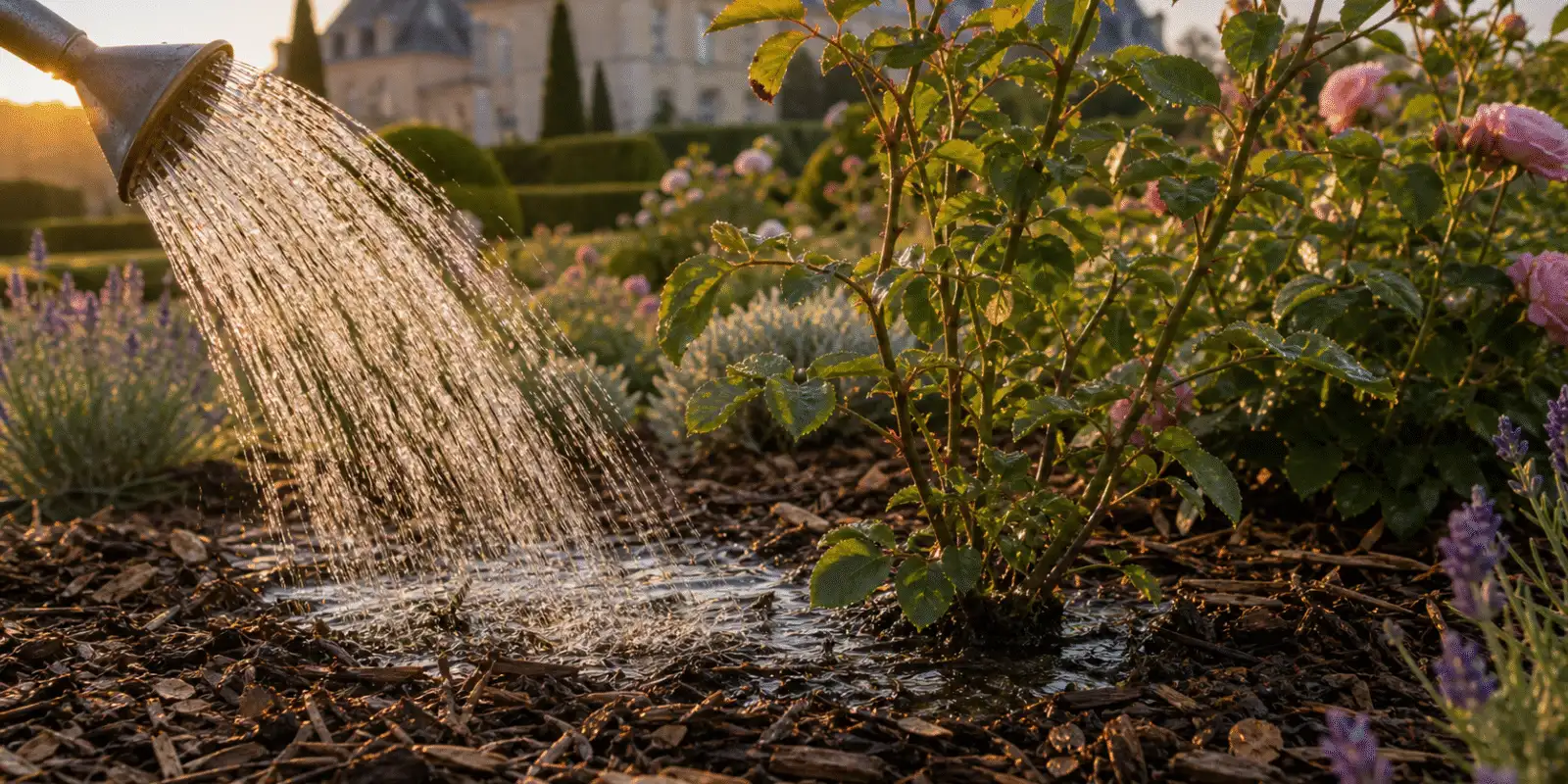 Arrosage profond au petit matin au pied des plantes sur sol paille