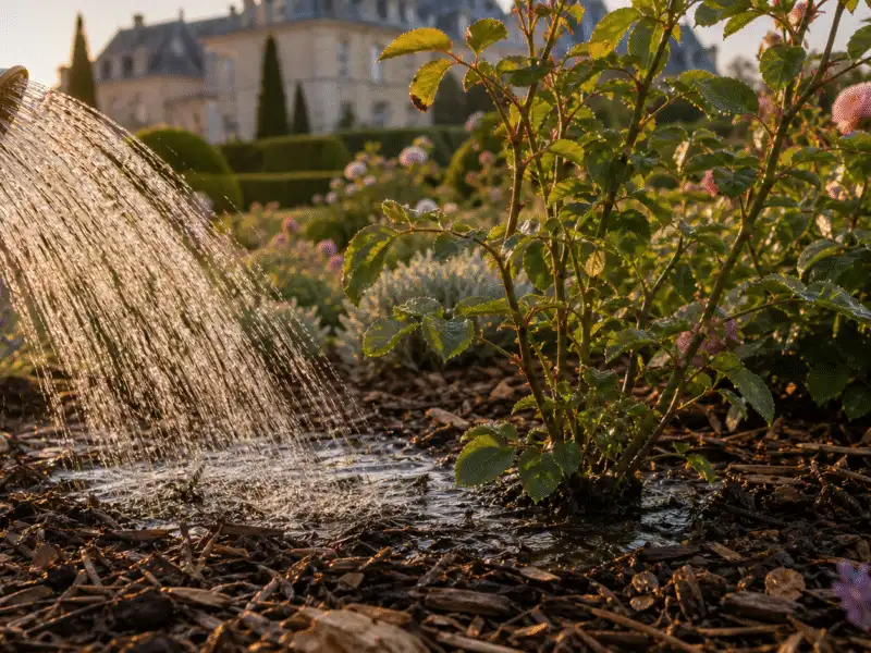 Arrosage profond au petit matin au pied des plantes sur sol paille