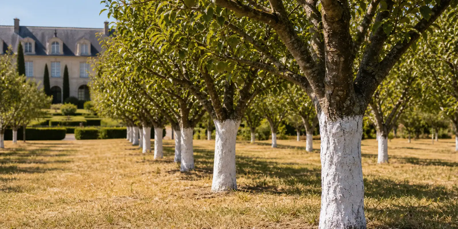 Troncs de fruitiers badigeonnes de blanc de chaux contre le soleil