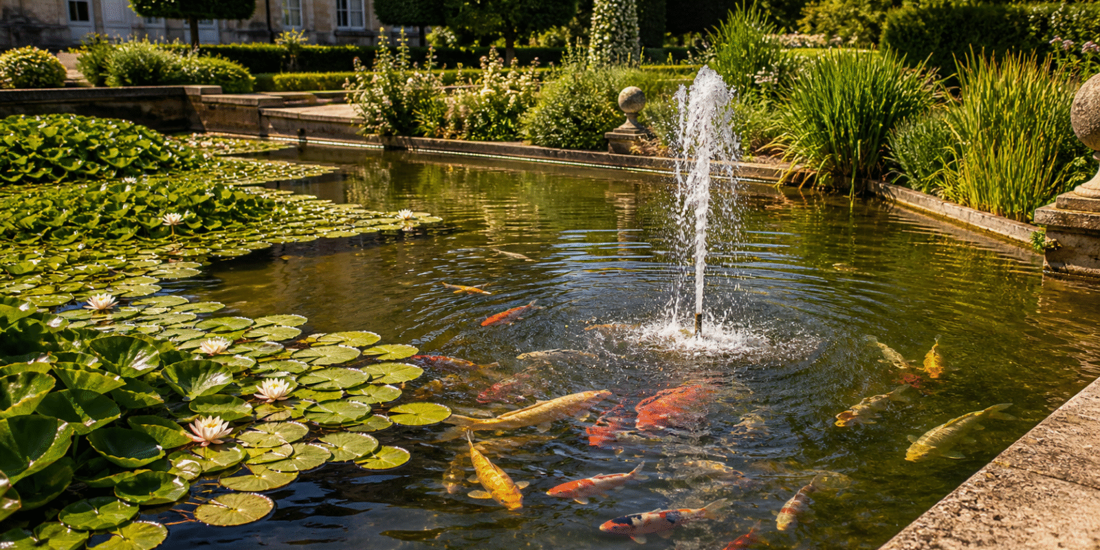 Illustration de jardin de caractere pour Bassin de jardin en canicule : protéger l&rsquo;eau et les poissons de la chaleur
