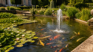 Natural water garden with pond planting in an elegant estate garden