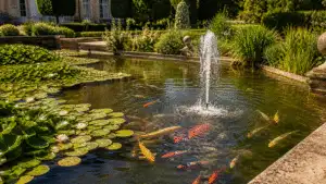 Natural water garden with pond planting in an elegant estate garden