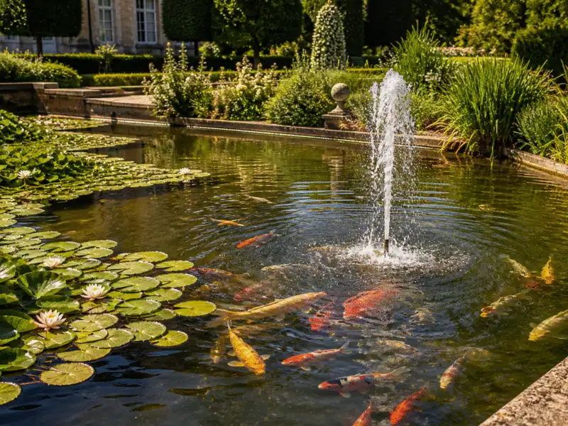 Carpes koi pres d'un jet d'eau oxygenant a l'ombre des nenuphars en canicule